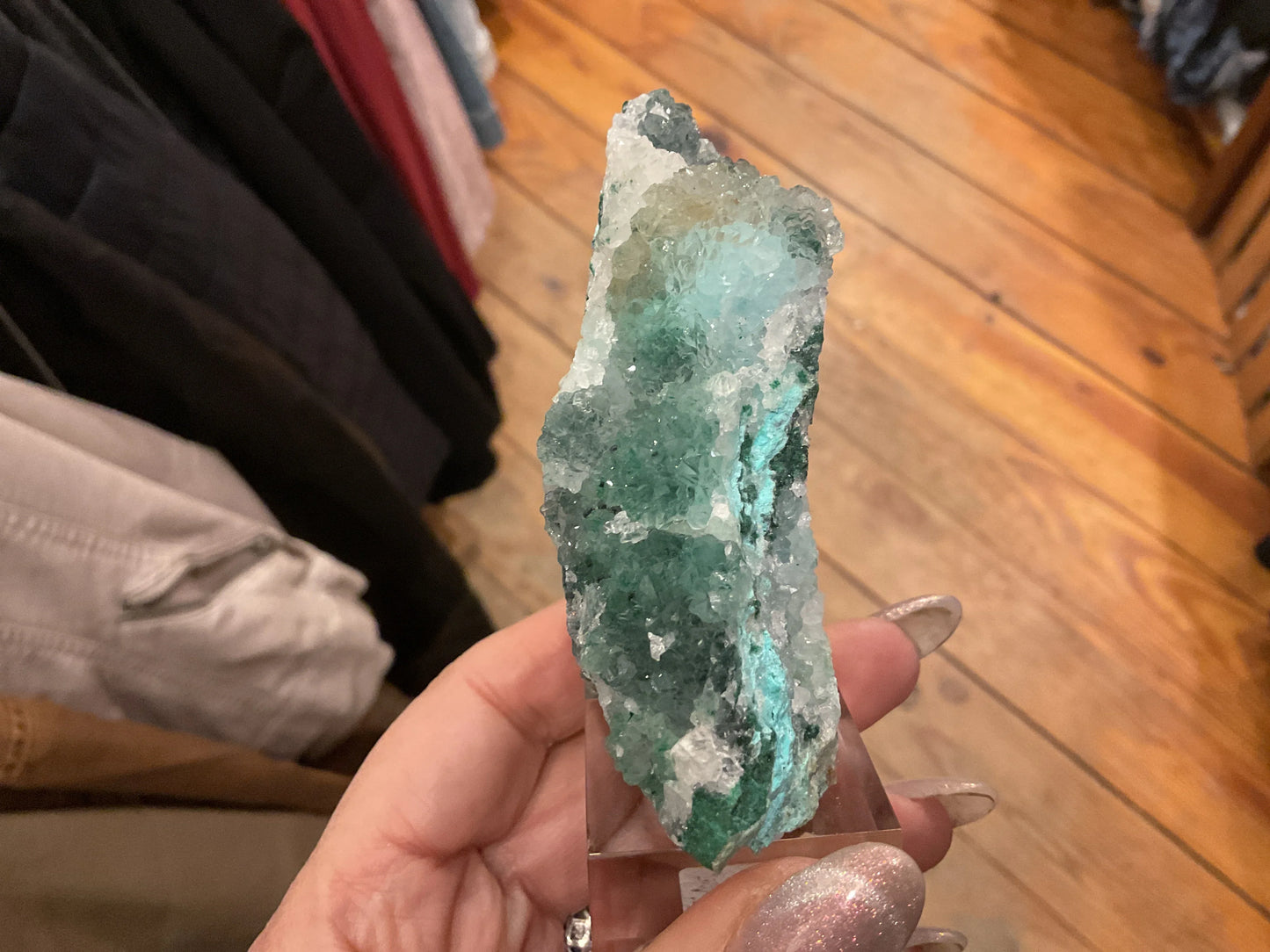 Quantum Quattro mineral specimen, teal-green crystal with rough sparkle surface
