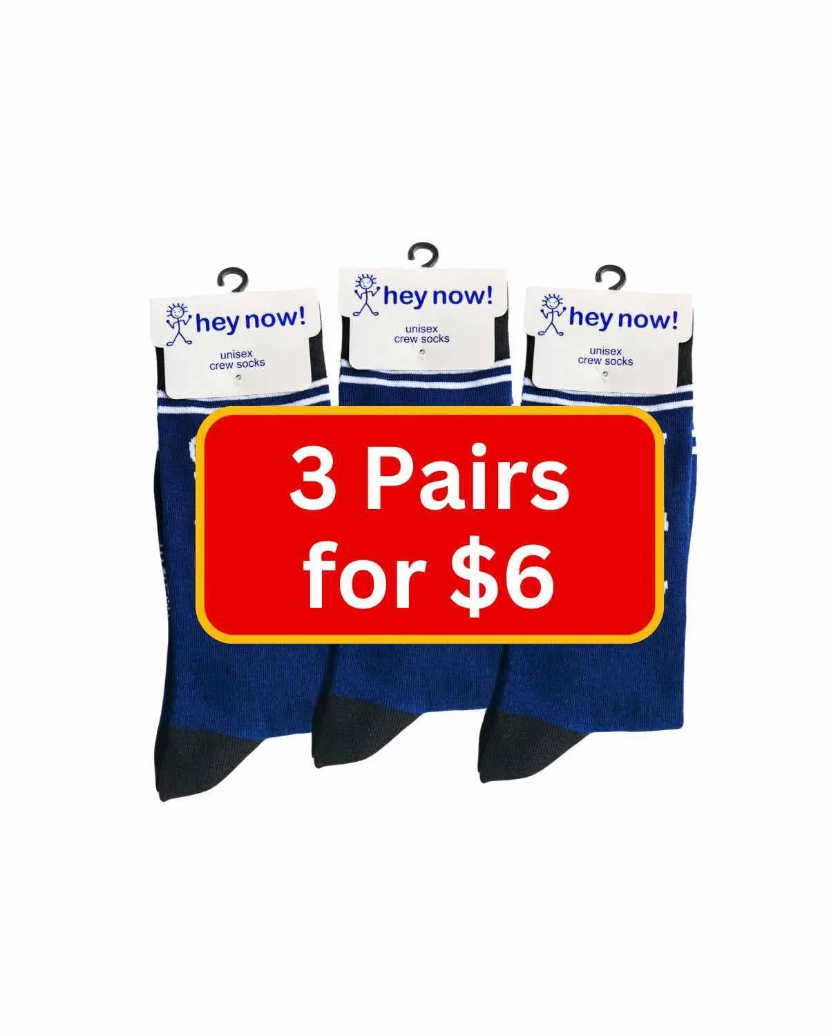 Pack of 3 pairs unisex crew socks, dark navy with “hey now!” and striped cuffs