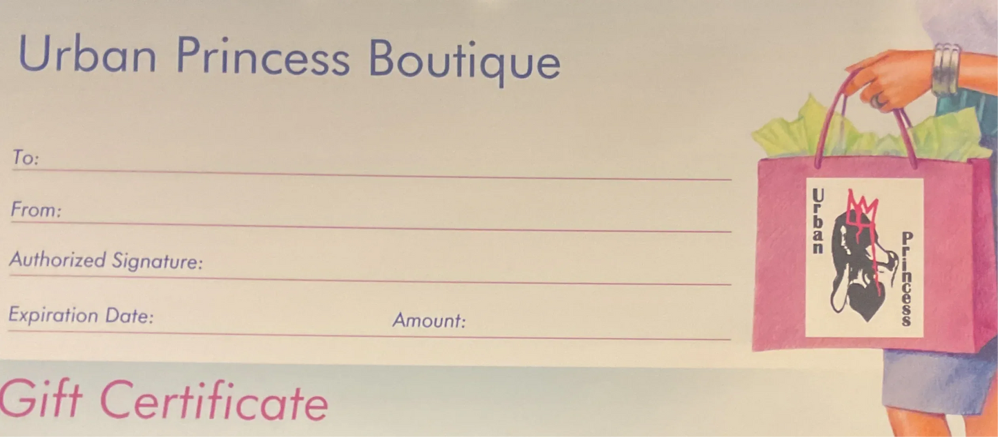 Store gift card gift certificate with Urban Princess Boutique shopping bag graphic