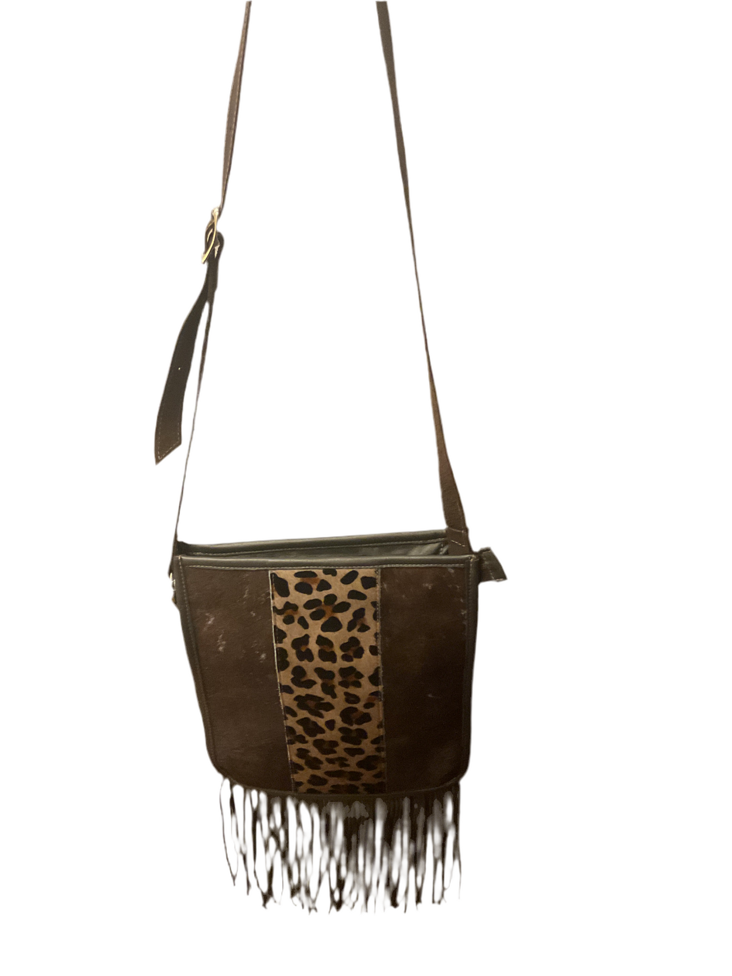 Leather Handbag with Hairon and Animal Print Detail
