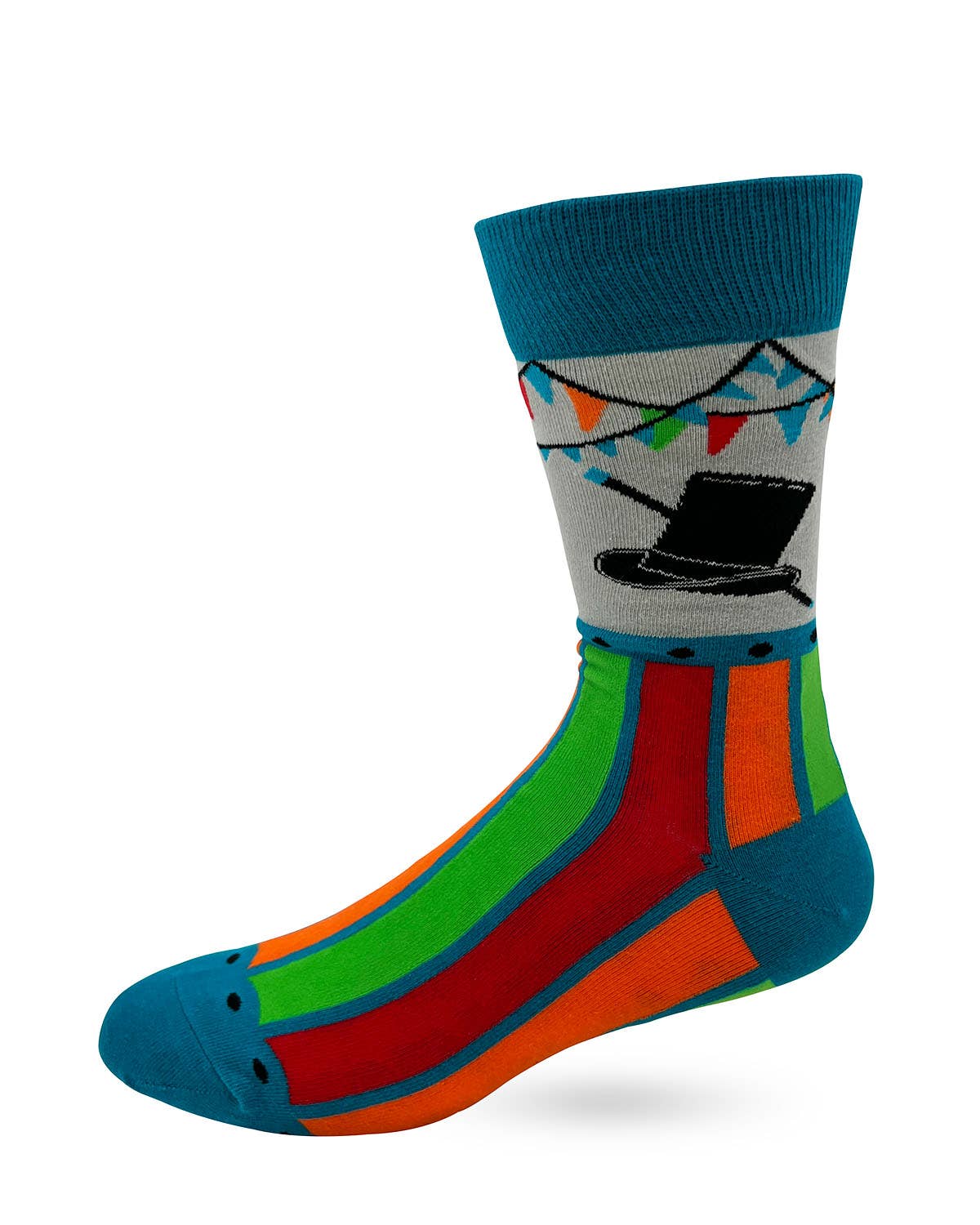 Ringmaster novelty crew socks: black top hat icon, colorful stripes, teal toe