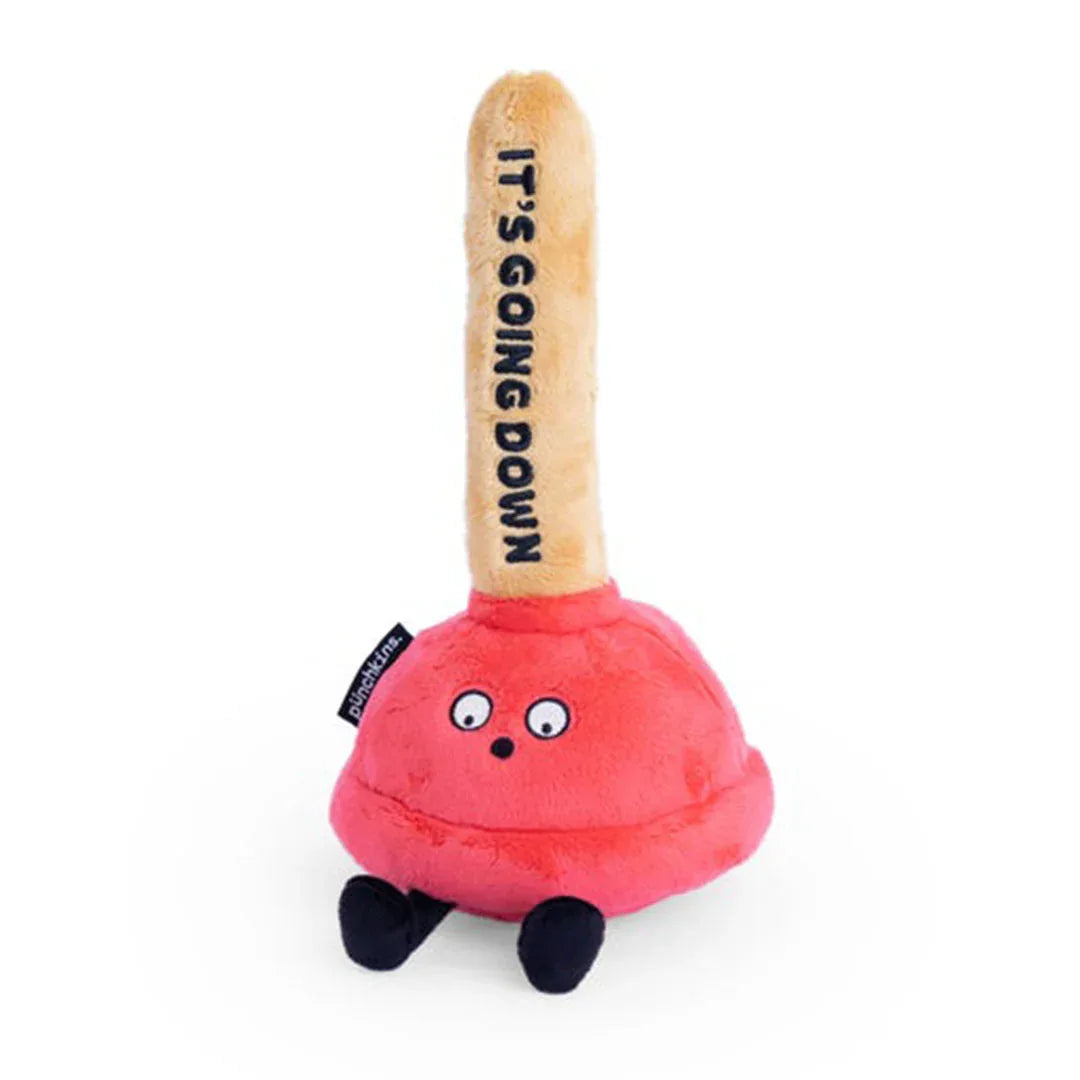 Red plush plunger with beige handle, cute face, and two black feet