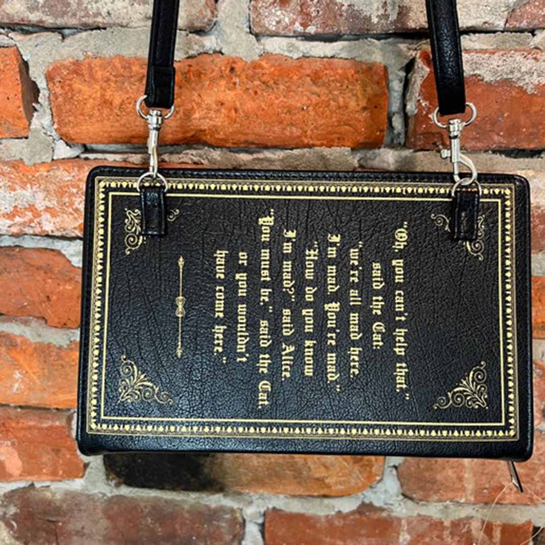 back of Alice in Wonderland storybook purse with excerpt