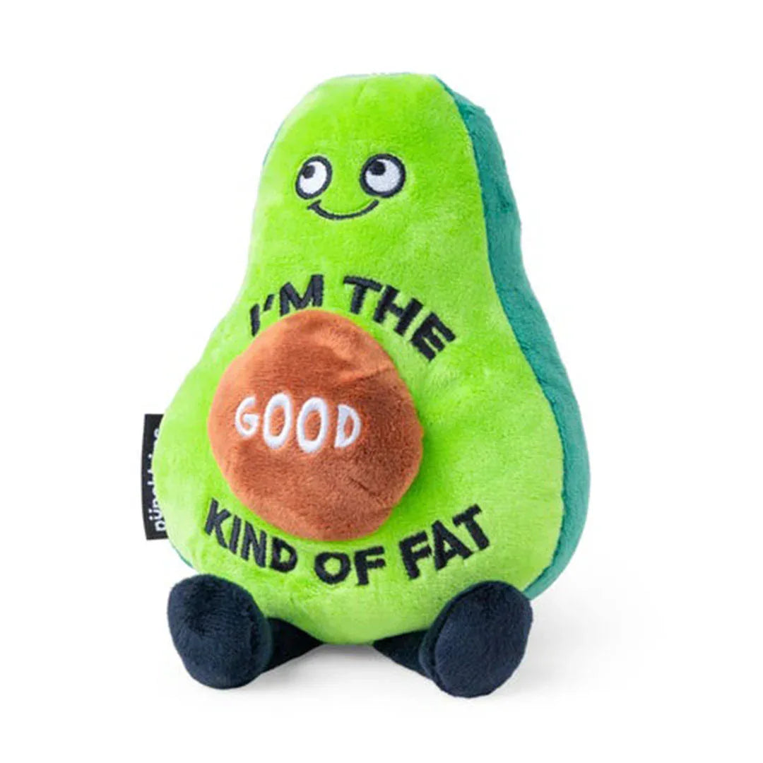 Good Kind Of Fat Avocado plushie, grinning green avocado with brown seed and dark feet