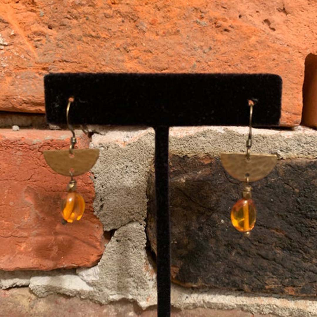 Baltic Amber Hammered Brass Half Circle Earrings