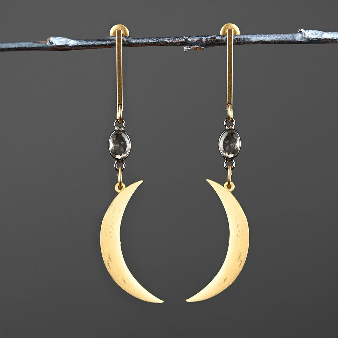 Bar Top Gold Moon Clear Crystal Earrings