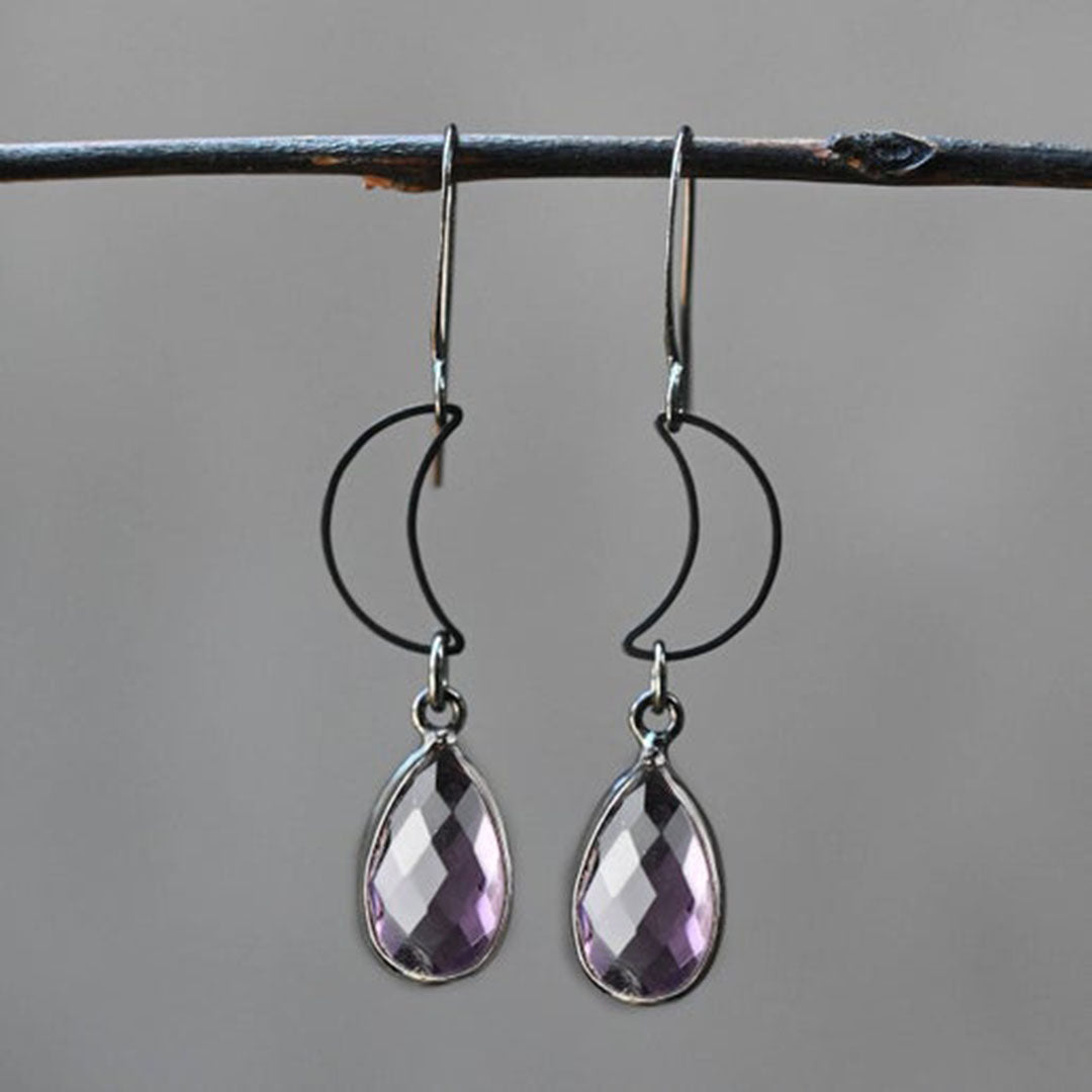 Black Open Moon Amethyst Tear Drop Earrings