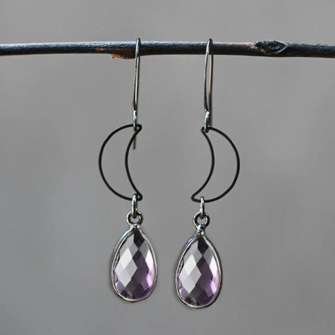 Black open moon earrings with amethyst teardrop drops, faceted stone dangles