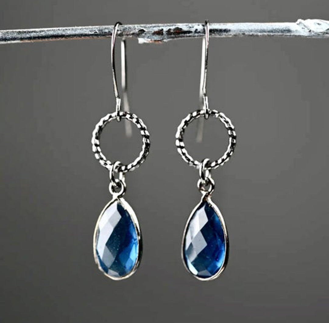 Gunmetal Circle Earrings with Blue Crystal Teardrop