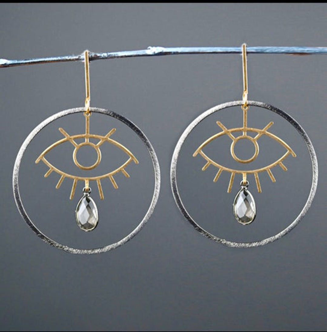 Funky Brass Eye Circle Earrings w/ Smokey Quartz