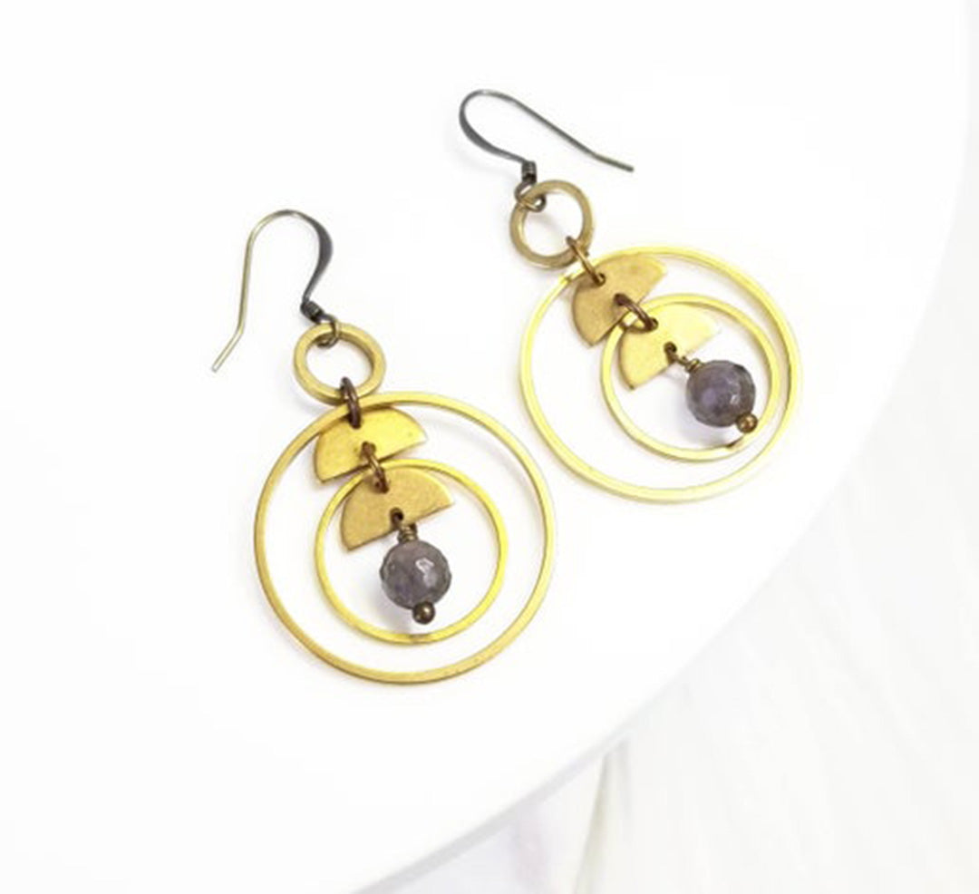 Brass Geometric Circle Moon Labradorite Earrings