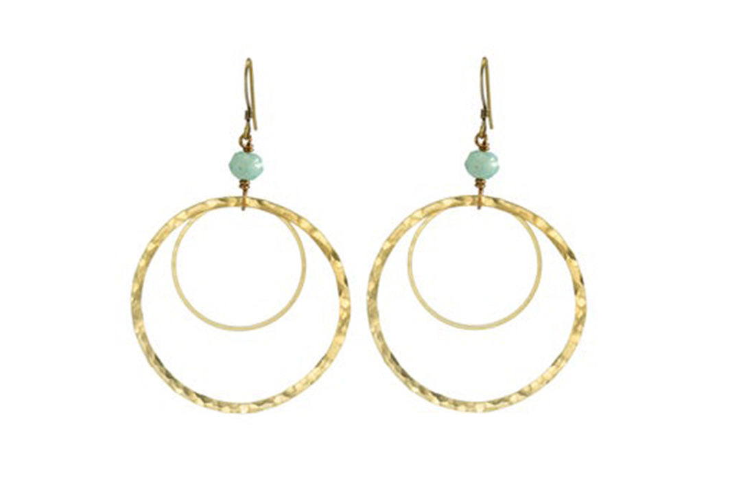 Brass Hammered Hoop Earrings with Amazonite