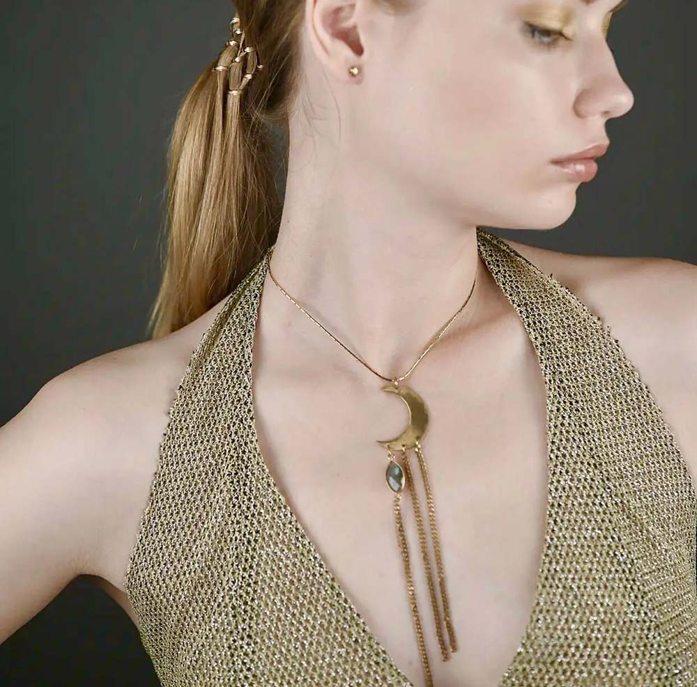 Brass Hammered Crescent Moon with Moonstone Necklace