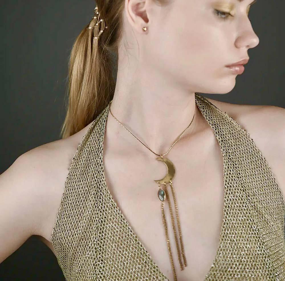 Brass crescent moon necklace with moonstone teardrop and dangling chain strands