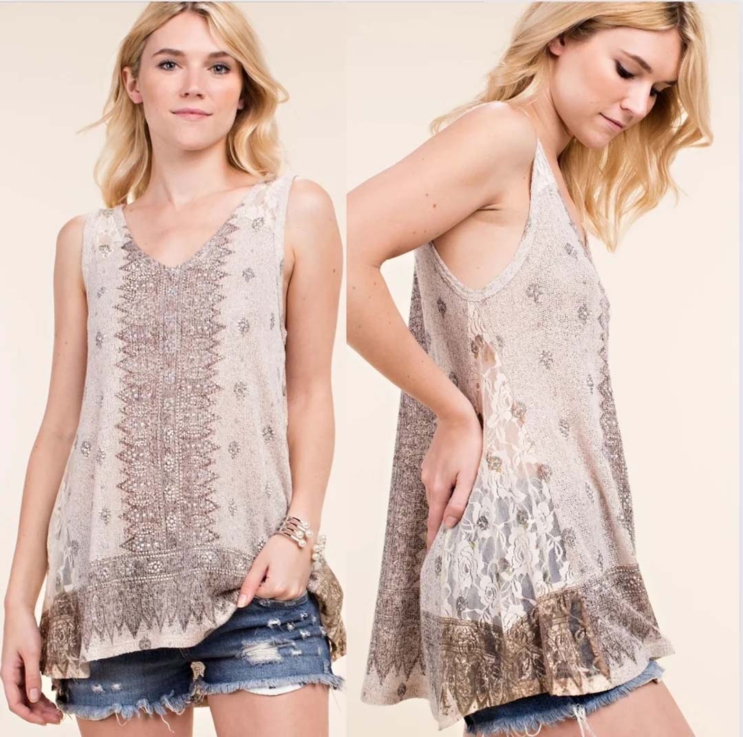 Breathable Tank Top with Subtle Crystals and Lace Accents