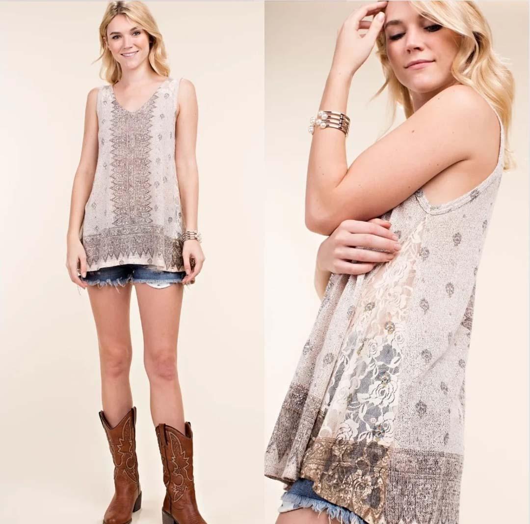 Breathable tank top, light gray V-neck with lace accents and sparkling crystals