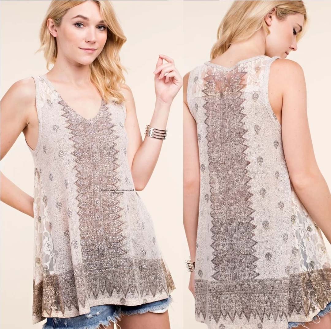 Breathable Tank Top with Subtle Crystals and Lace Accents