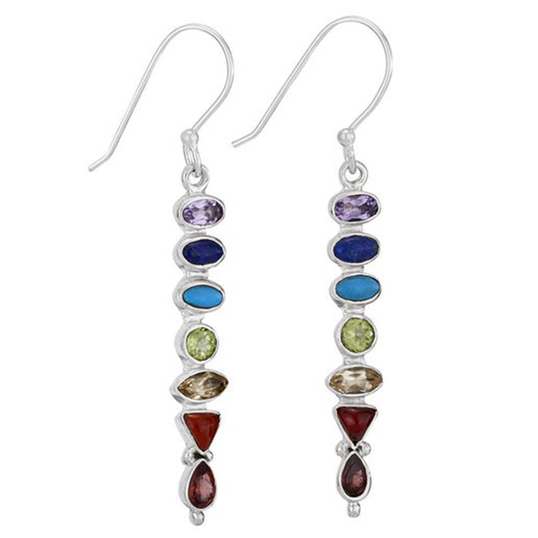 Chakras Sterling Silver Multi Stone Bar Earrings
