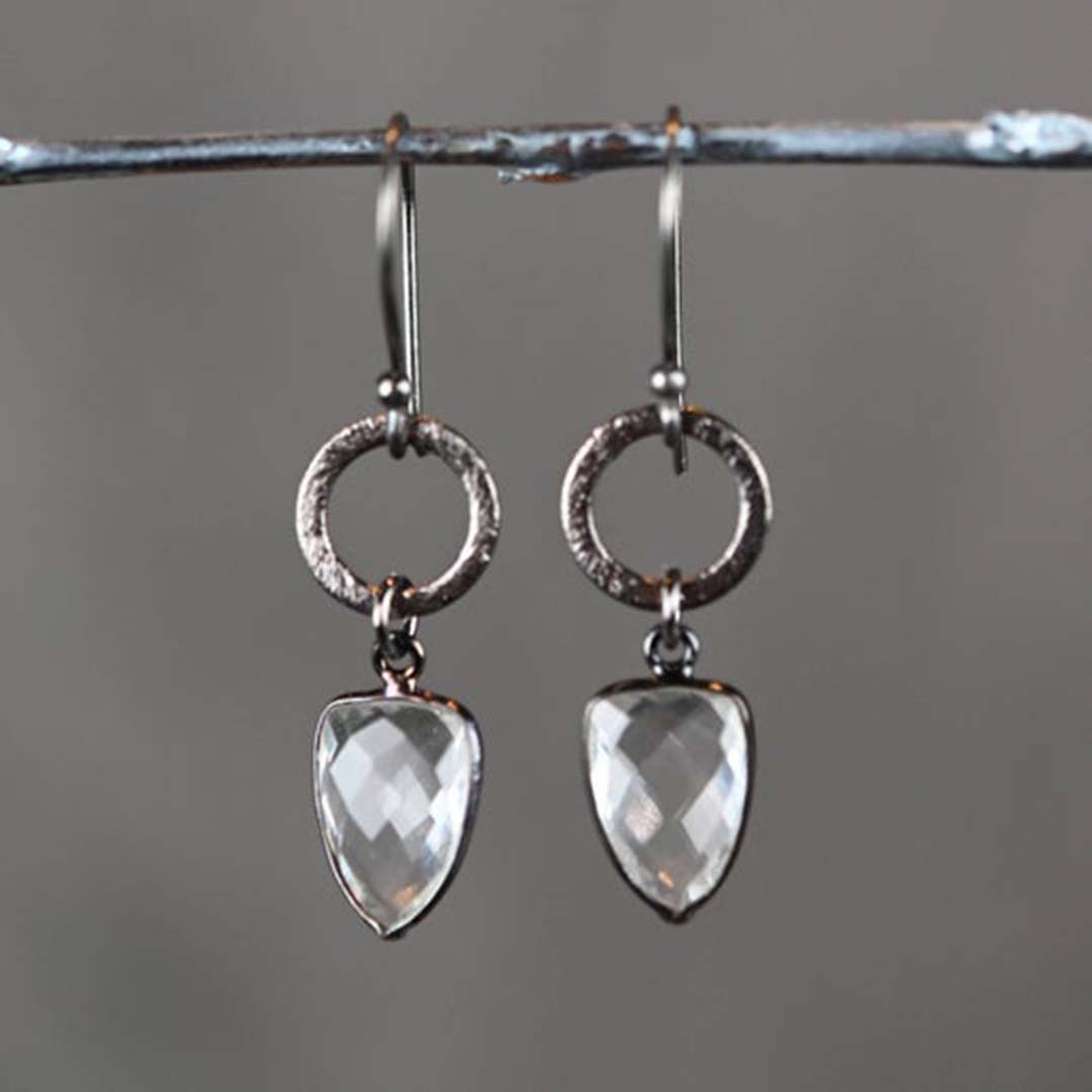 Brushed Gunmetal Circle Crystal Quartz Earrings