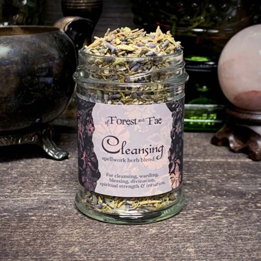 Cleansing Spellwork Herb Blend jar with dried herbs and “Cleansing” label