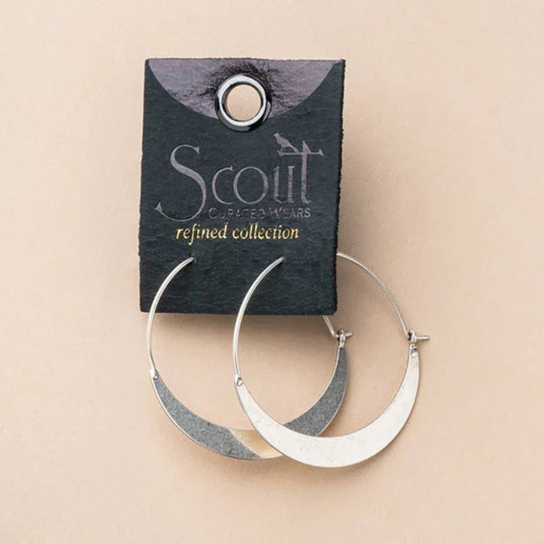 Crescent hoop earrings, silver finish; pair with smooth half-moon profile and post backing