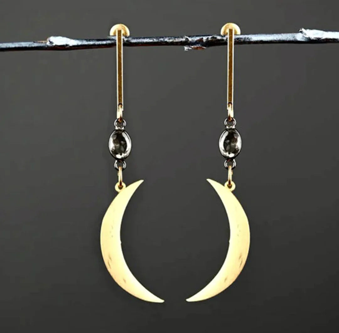 Crescent moon & smoky quartz drop earrings, gold crescents with dark stone drops