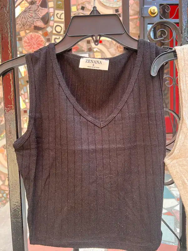 Dark charcoal ribbed crop tank with V-neck on hanger