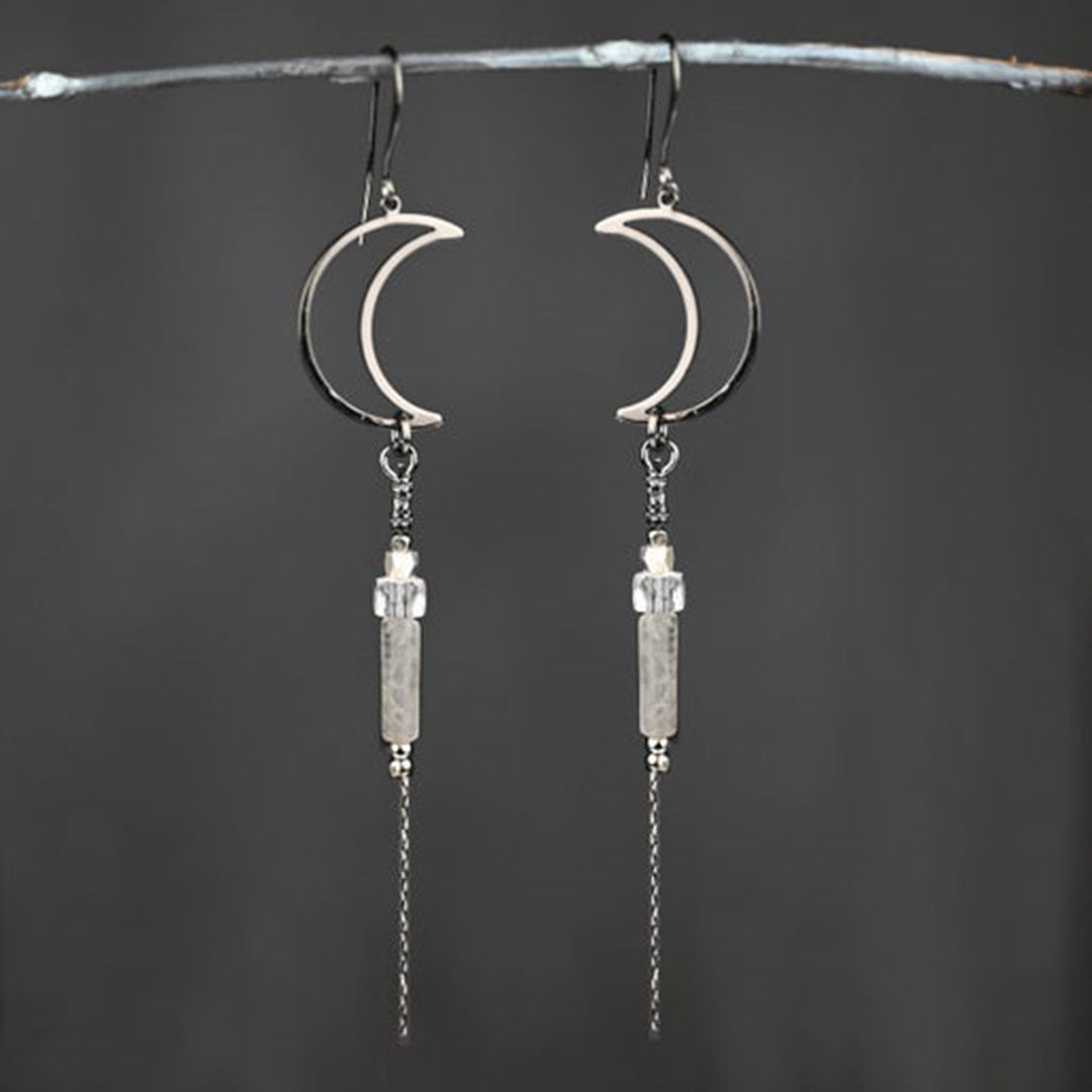 Deco Open Moon w/ Semi Precious Tube Drop Earrings (Gunmetal