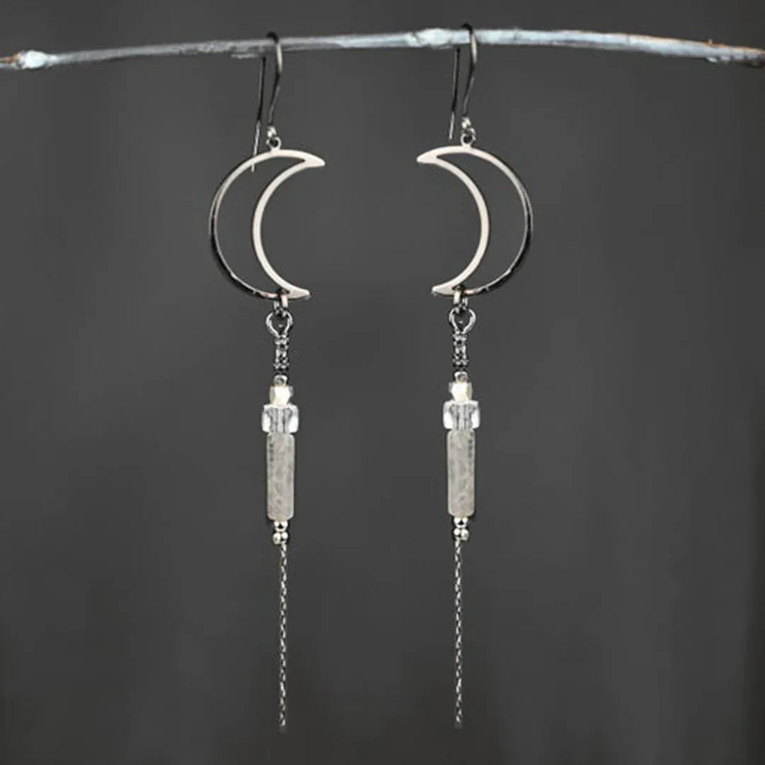 Gunmetal open moon drop earrings with labradorite & crystal tube beads