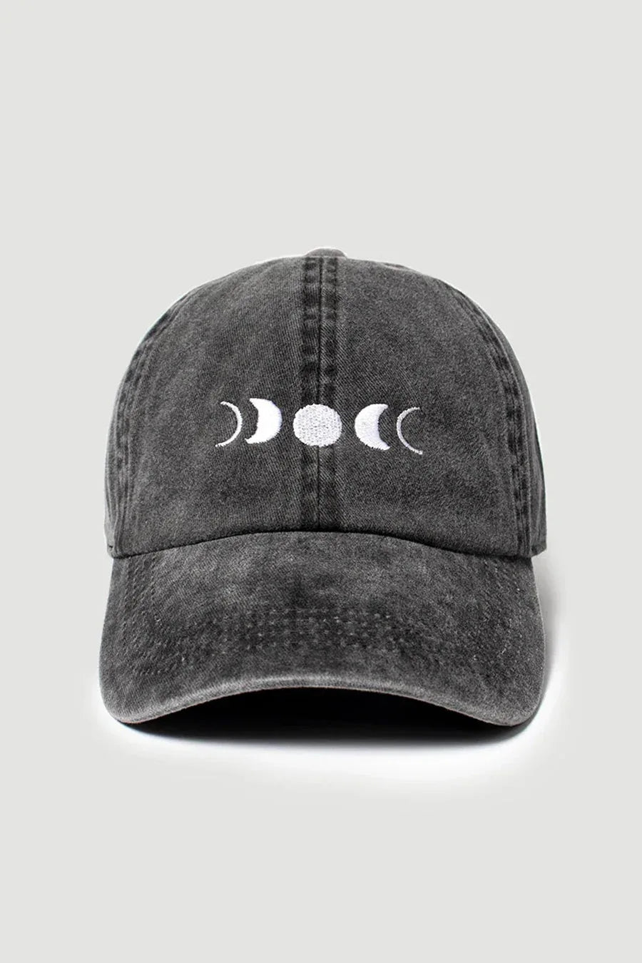 Denim baseball cap with moon phase logo, dark wash