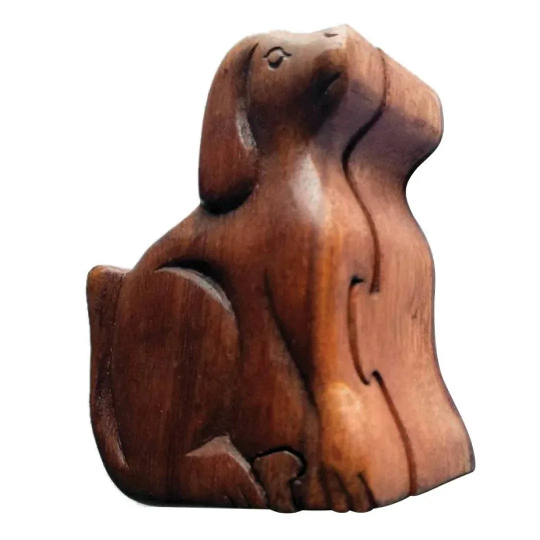 Dog Puzzle Wooden Box, Bulldog wooden figure with carved opening slot