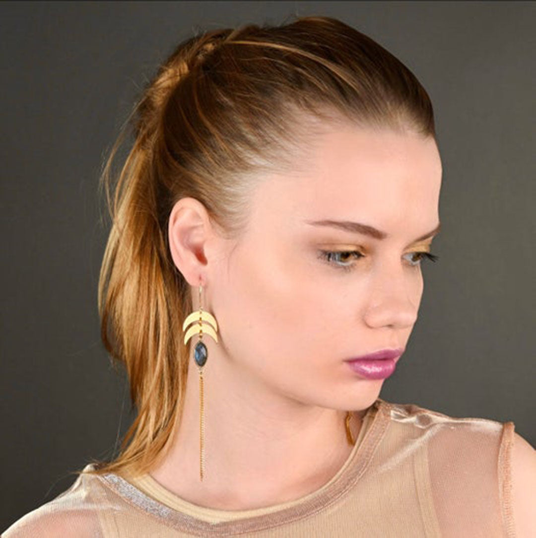 Double Moon w/ Tassel & Labradorite Earrings