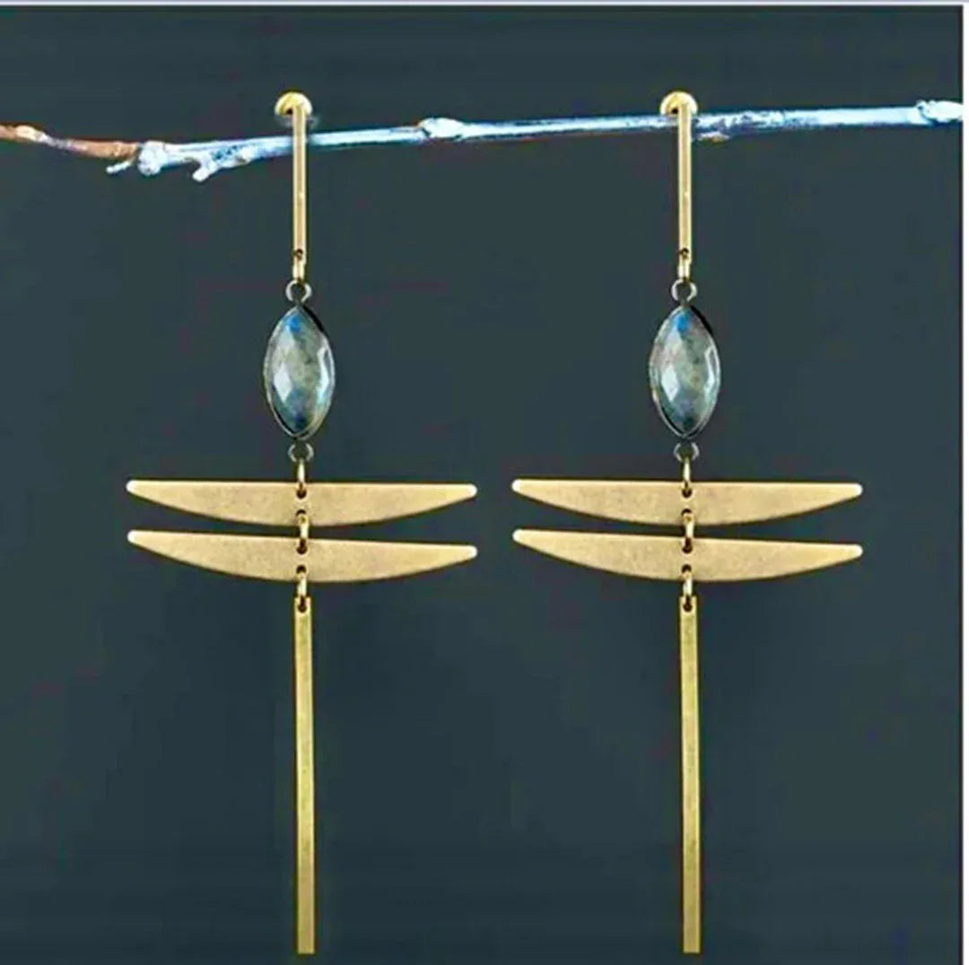 Brass statement earrings with labradorite teardrops and layered bar dangles