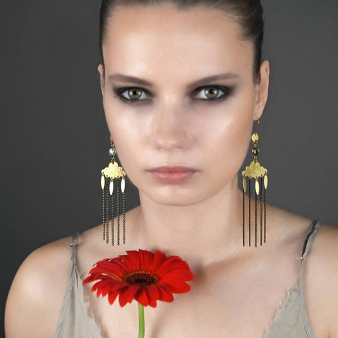 Dramatic Hammered Cloud w/ Semi Precious & Chain Earrings