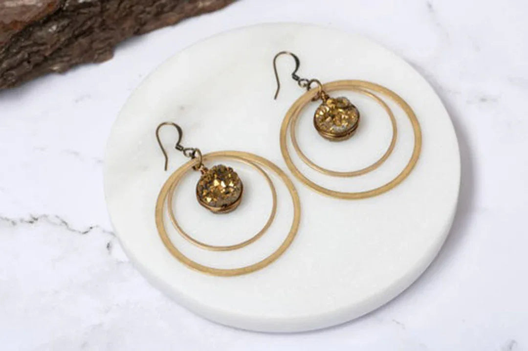Gold druzy double hoop earrings with round gold stud and layered hoop circles