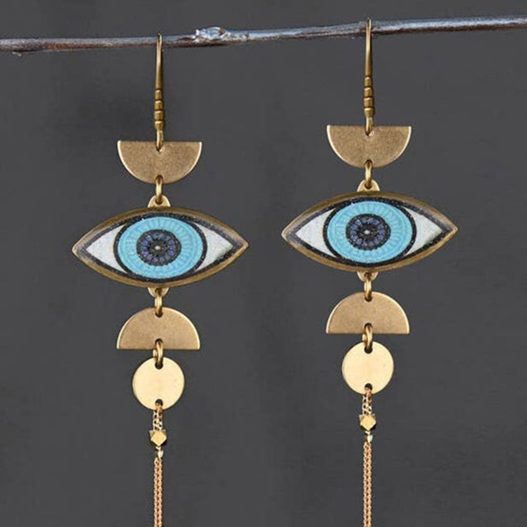 Evil Eye & Half Moons Brass Long Earrings