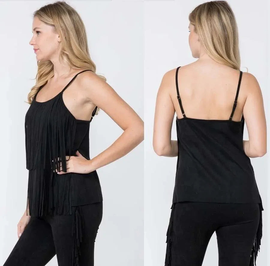 Back view fringe camisole tank top with thin straps and flowing black tassels