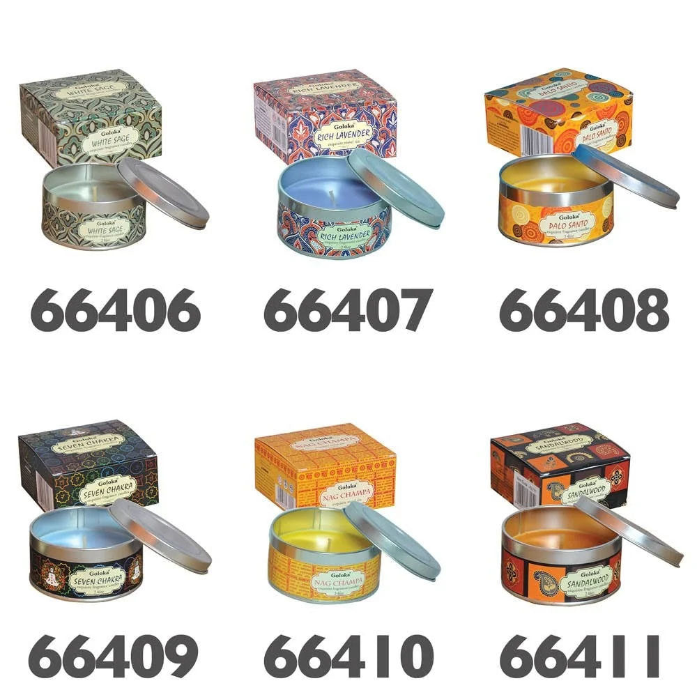 six candles in tins with lids off