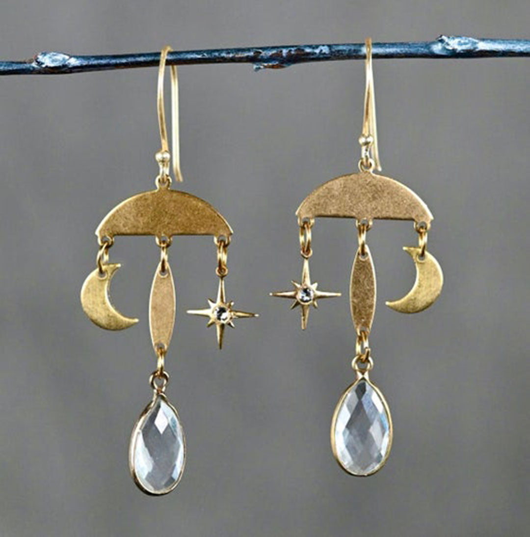 Galaxy Moon & Stars w/ Crystal Quartz Earrings