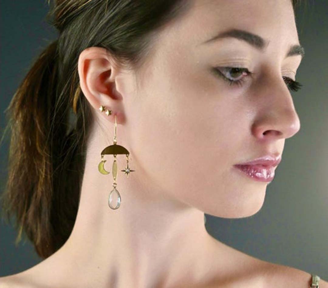 Galaxy Moon & Stars w/ Crystal Quartz Earrings