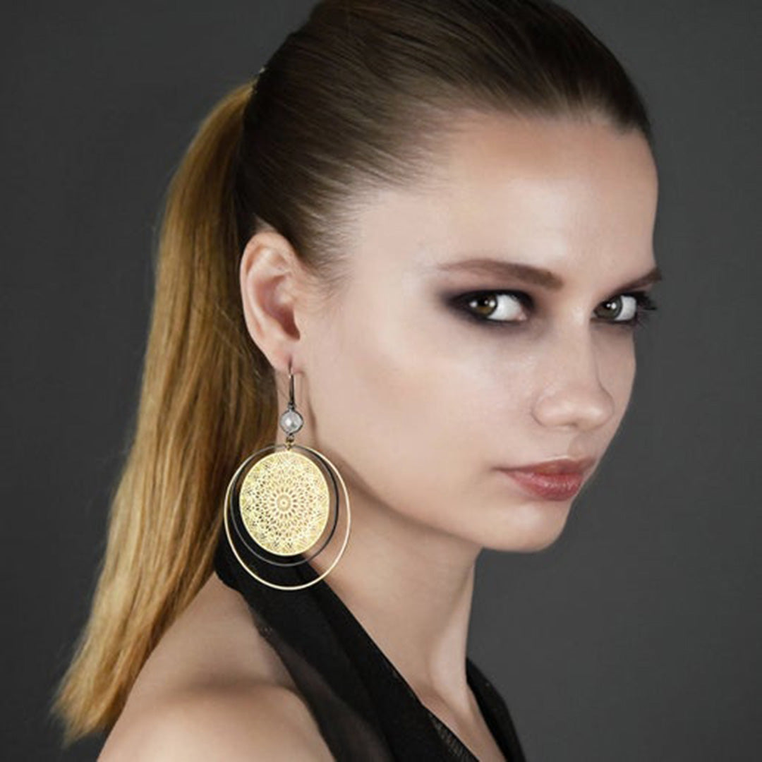 Gold & Black Hoops w/ Mandala & Moonstone Earrings