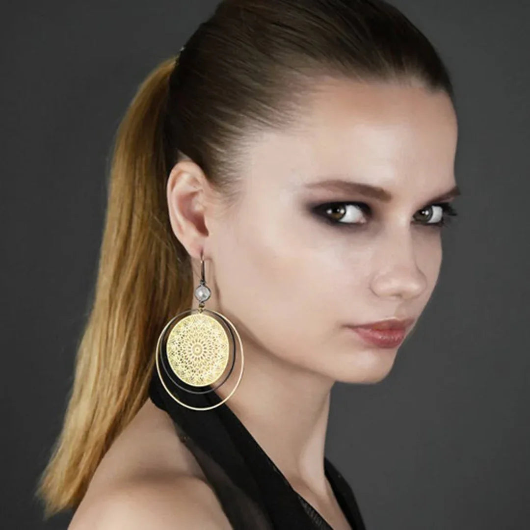 Gold & black hoop earrings with mandala center and moonstone drop