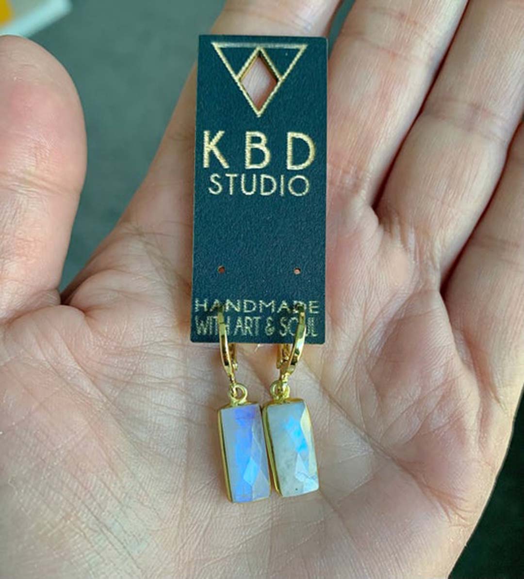 Gold Huggie Rectangle Semi Precious Crystal Earrings