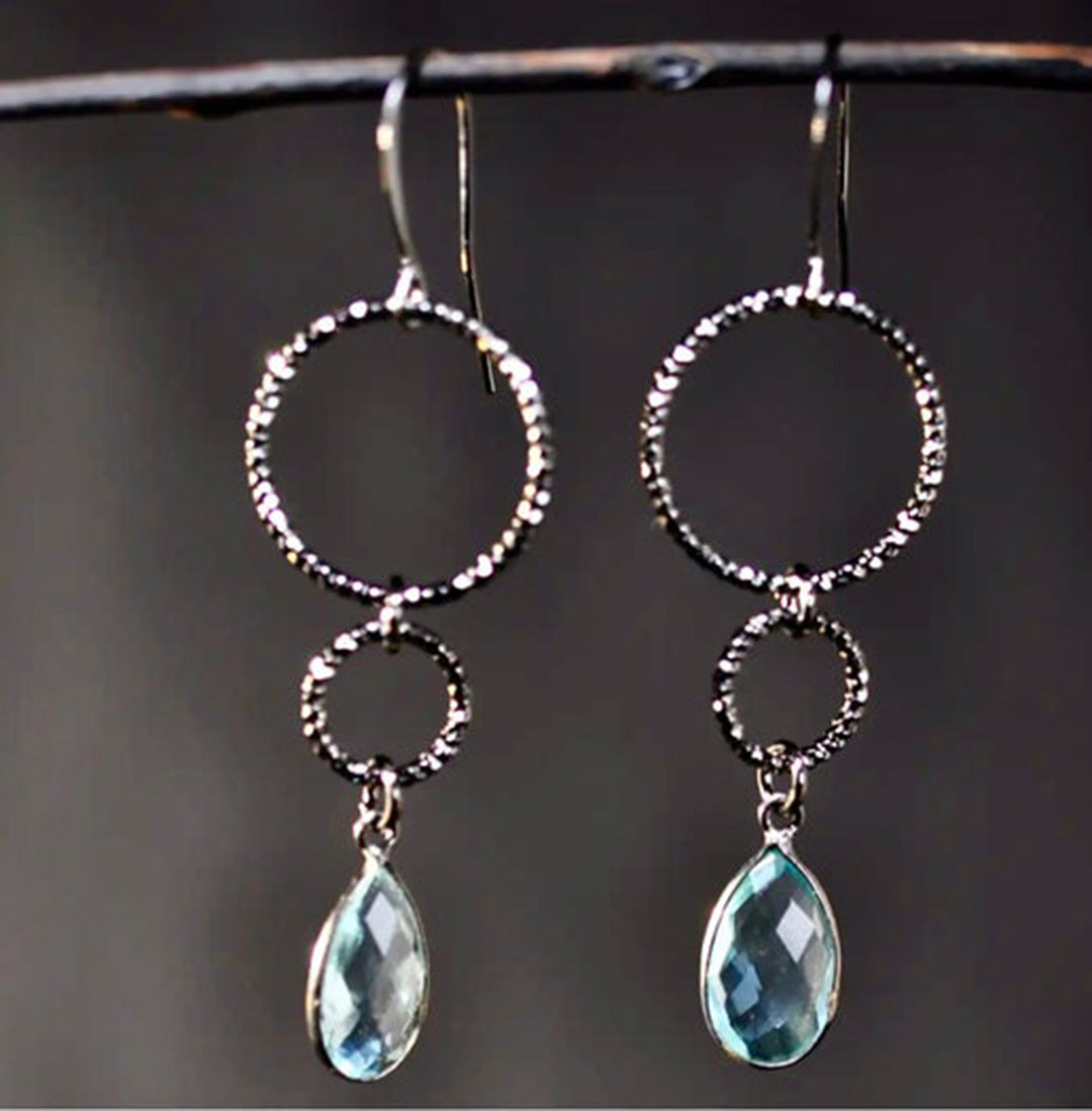 Gunmetal Double Circle Earrings with London Blue Drop