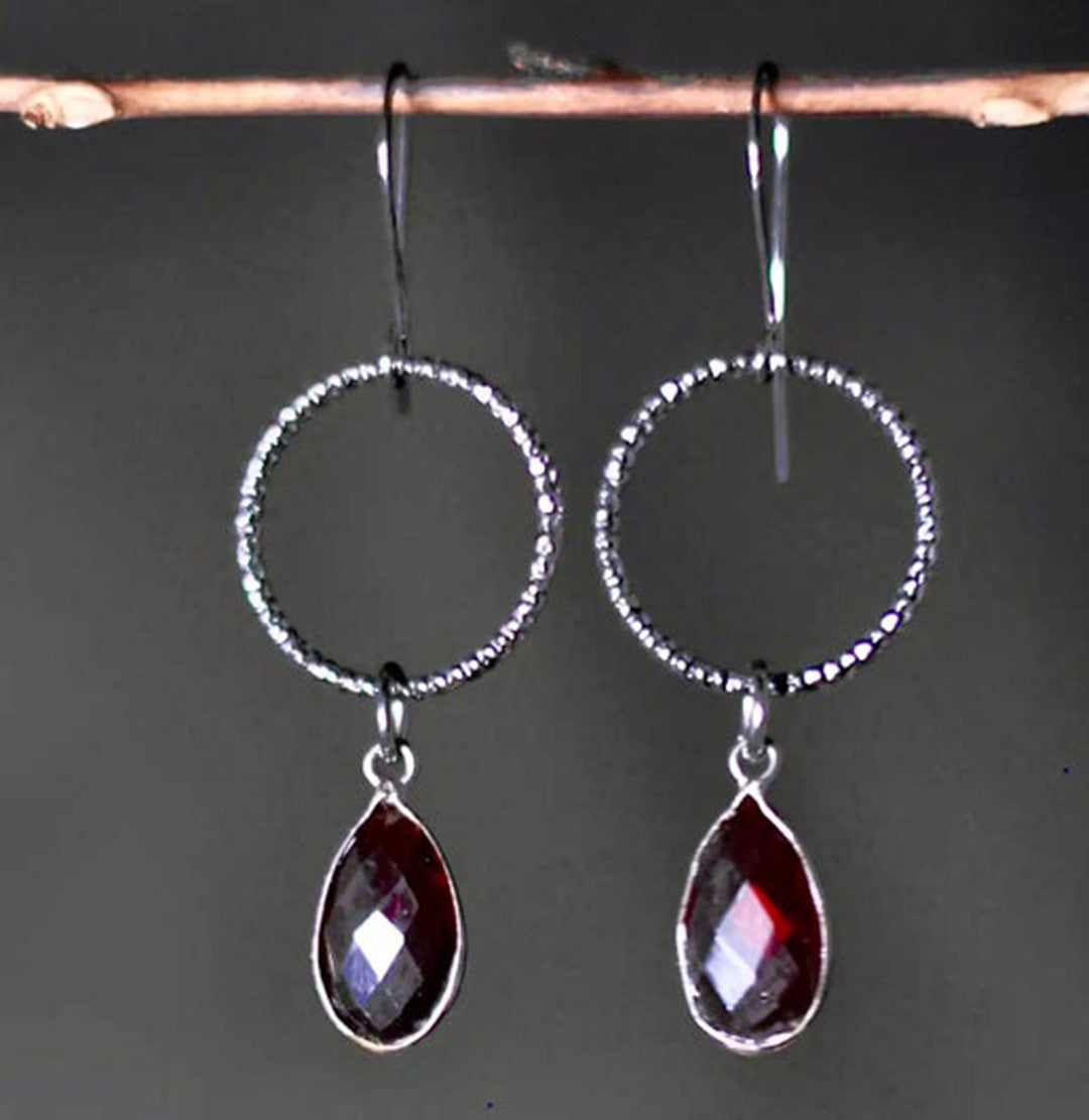 Gunmetal Circle Earrings with Ruby Red Teardrop