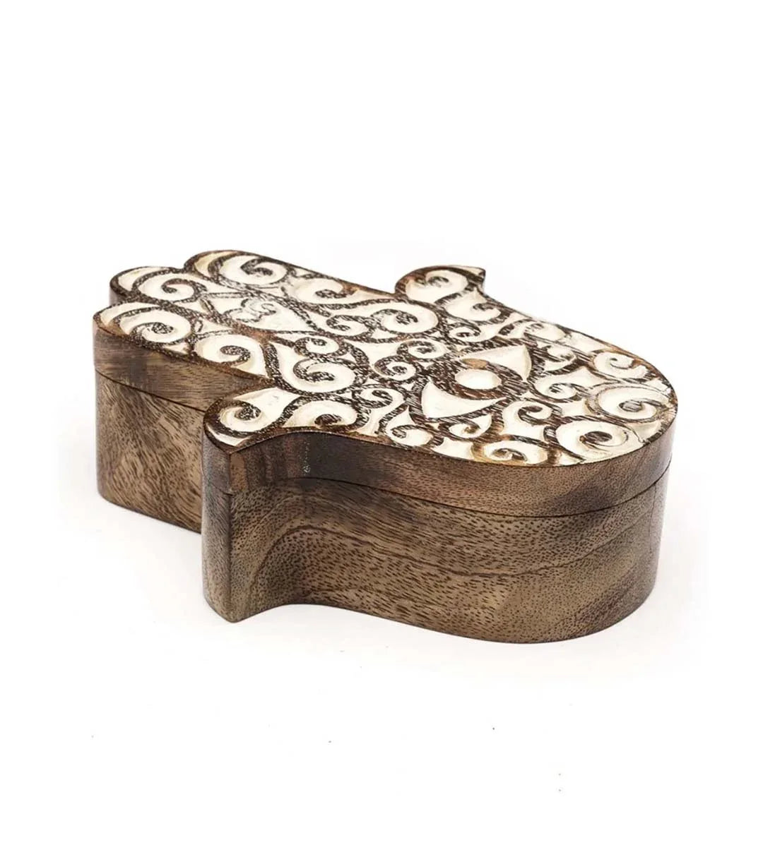 Hamsa wooden pivot box, closed rectangular top with swirl-patterned hand