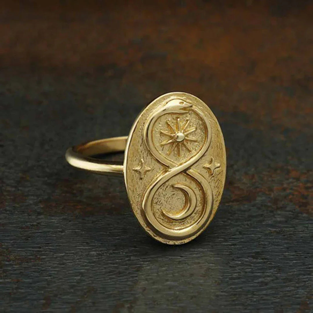 Infinity Snake Ring, bronze, size 9, sun-and-moon engraved oval top