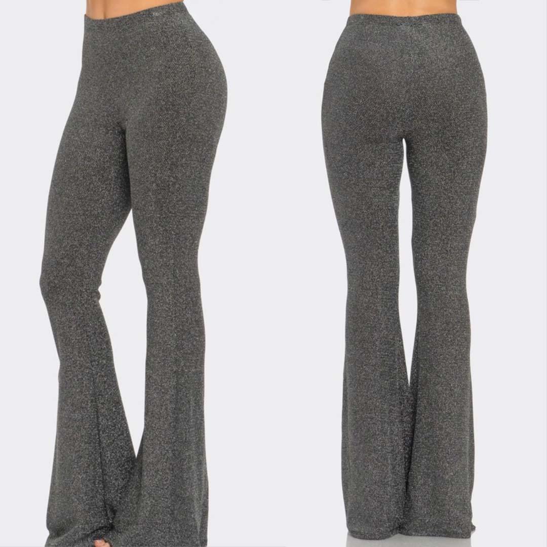Lurex flare long pants with waistband detail, dark grey knit fabric