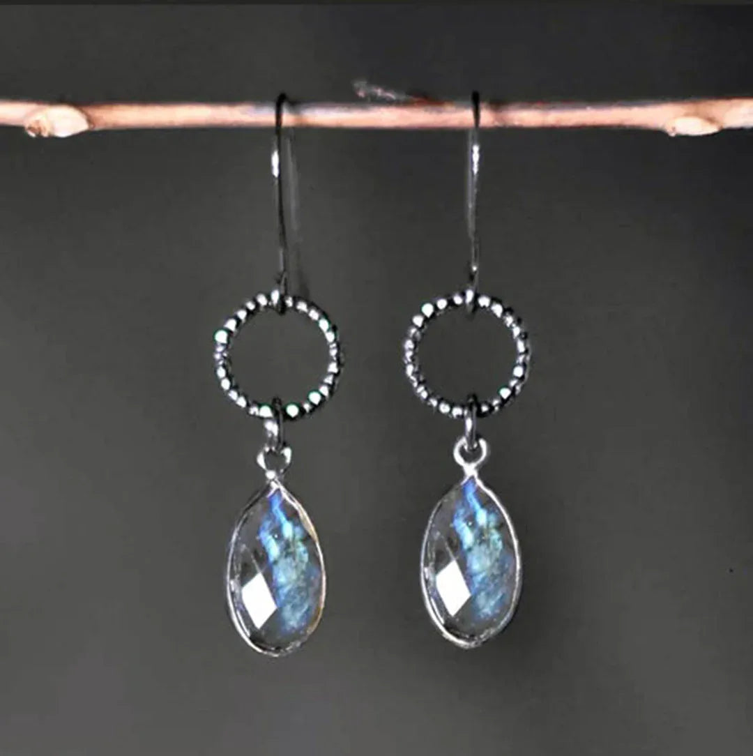 Gunmetal circle earrings with labradorite teardrop stones