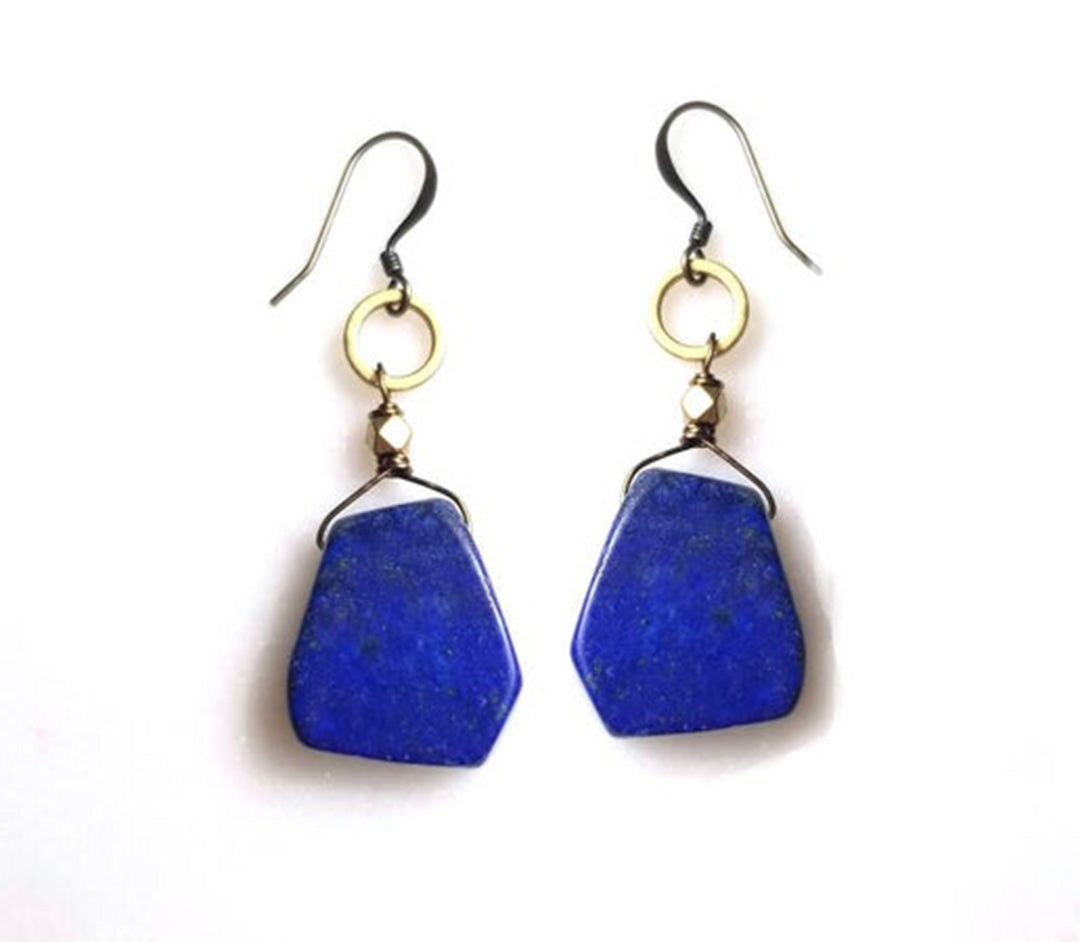 Lapis Blue Geometric Slab Circle Earrings